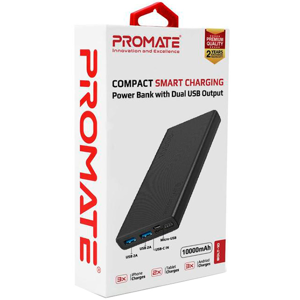 Внешний аккумулятор (Powerbank) Promate Bolt-10 10Вт 2xUSB 10000 mAh black (bolt-10.black)