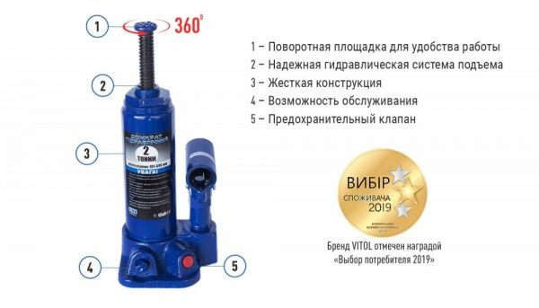 Домкрат гидравлический Vitol 181-345 мм T90204 2 т