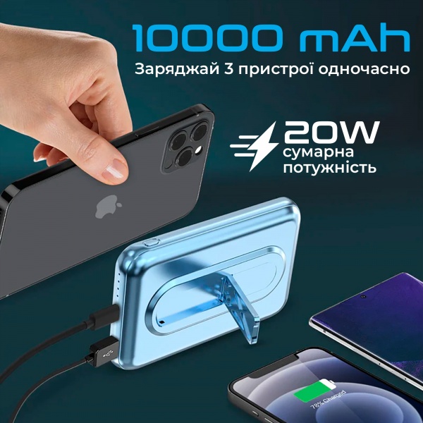 Универсальная мобильная батарея Promate 10000 mAh blue (powermag-10pro.blue) PowerMag-10Pro 10000 mAh, MagSafe, USB-C PD, USB-А QC3 