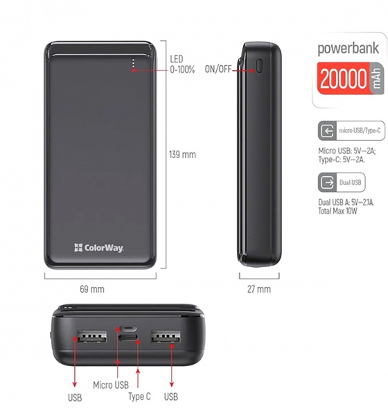 Универсальная мобильная батарея ColorWay 20000 mAh black (CW-PB200LPD2BK) 
