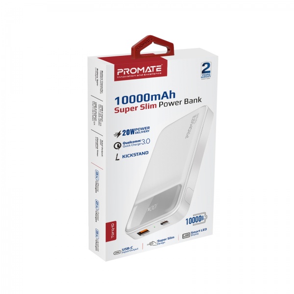 Универсальная мобильная батарея Promate 10000 mAh white (torq-10.white) USB-C PD, USB-А QC3.0 