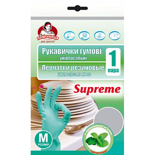 Перчатки латексные Помічниця с ароматом мяты Supreme крепкие р.M 1 пар/уп. зеленые 
