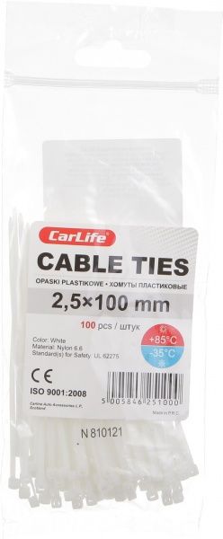 Стяжка кабельная CarLife белый 2,5х100мм