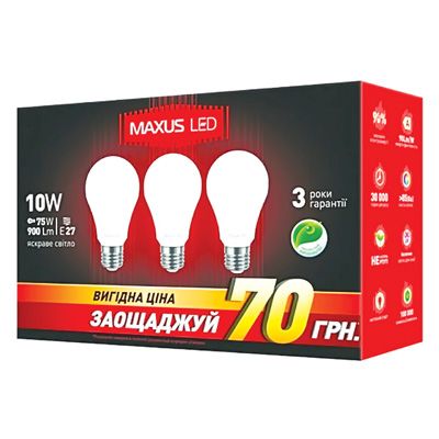 Лампа LED Maxus A60 10 Вт 3000K 200V E27 AP тепле світло 3 шт