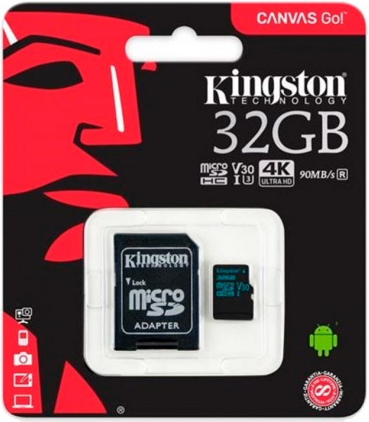 Карта памяти Kingston microSDXC 32 ГБ Class 10 (SDCG2/32GB) UHS-I U3 R90/W45MB/s Canvas Go + adapter 