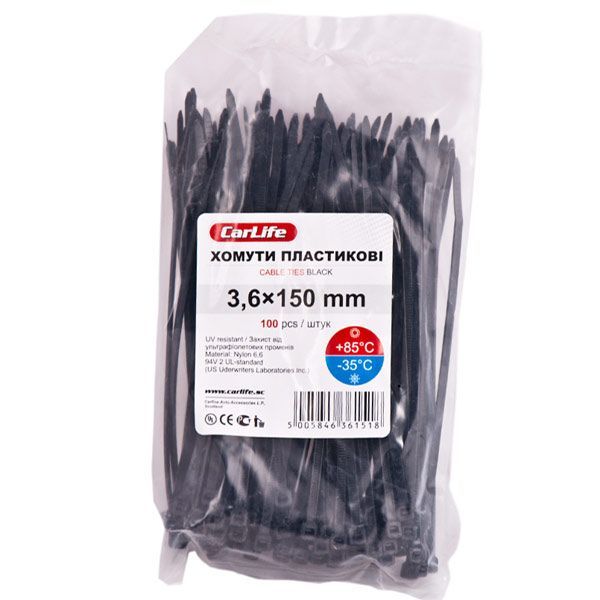 Стяжка кабельная CarLife черный, уп. 100 шт. 3,6х370мм