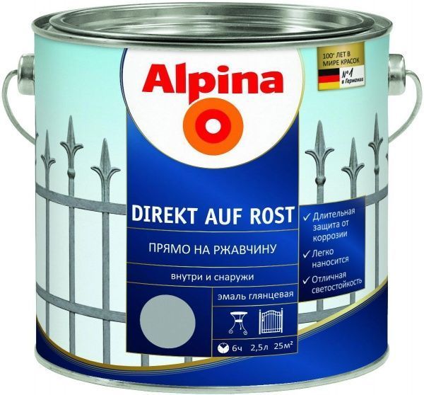 Эмаль Alpina алкидная Direkt auf Rost 3 в 1 RAL7040 светло-серый глянец 2,5л